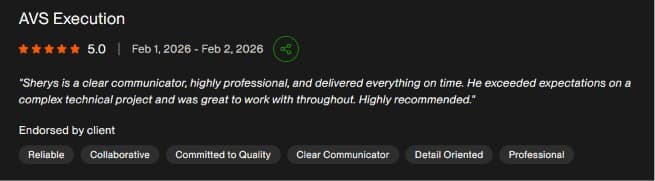 Upwork review for Vexosoft: AVS Execution project