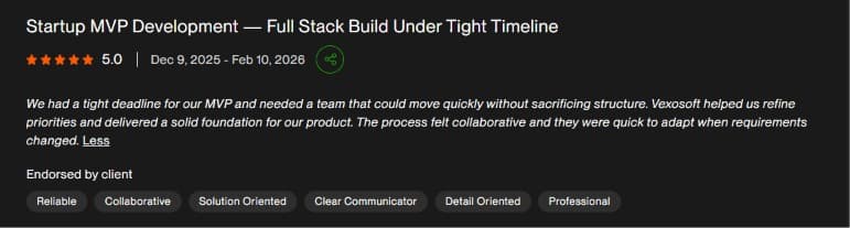 Upwork review for Vexosoft: startup MVP development
