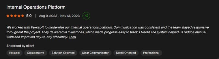 Upwork review for Vexosoft: internal operations platform