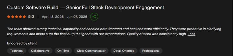 Upwork review for Vexosoft: custom software build